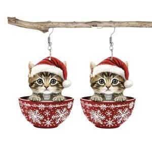 Christmas Tabby Cat in Red Teacup Earrings